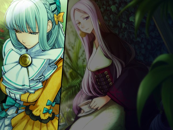 Anime picture 1024x768 with ourai no gahkthun liarsoft steampunk (liarsoft) emily du chatelet florence ameghino nightingale long hair blue eyes multiple girls blue hair game cg purple hair very long hair heterochromia multiview girl dress bow 2 girls plant (plants) hair bow