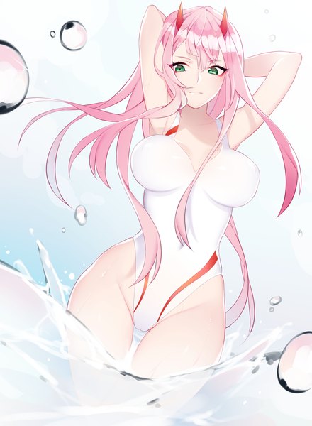 Anime picture 2200x3000 with darling in the franxx studio trigger zero two (darling in the franxx) nanoless single long hair tall image looking at viewer blush fringe highres breasts light erotic simple background hair between eyes large breasts standing green eyes payot pink hair