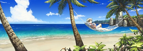 Anime picture 1761x637 with original benitama single long hair looking at viewer wide image signed sky cloud (clouds) lying barefoot on back beach scenic girl plant (plants) tree (trees) shorts palm tree hammock