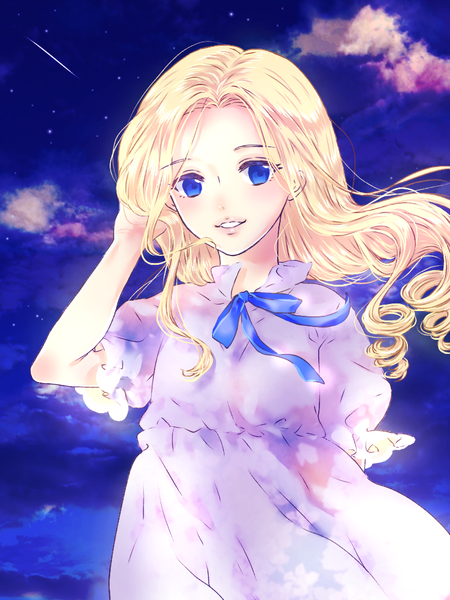 Anime picture 768x1024 with omoide no marnie studio ghibli marnie ritsu (fluorite fluorite) single long hair tall image looking at viewer blue eyes blonde hair smile cloud (clouds) upper body wind night night sky drill hair adjusting hair girl dress