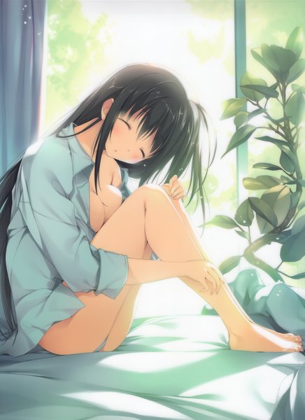 Anime picture 2550x3509 with karory single long hair tall image blush fringe highres breasts light erotic black hair hair between eyes sitting payot full body bent knee (knees) eyes closed parted lips barefoot shadow pantyshot
