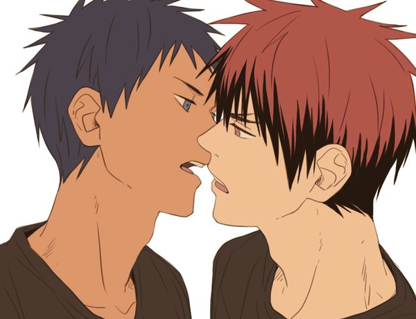 Anime picture 910x700 with kuroko no basket production i.g aomine daiki kagami taiga kuehsy fringe short hair open mouth blue eyes simple background red eyes white background blue hair red hair multiple boys dark skin face to face shounen ai almost kiss boy