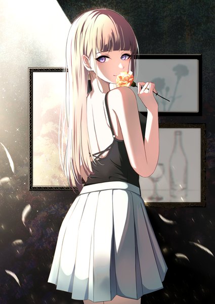Anime picture 3135x4427 with original sikimosh single long hair tall image looking at viewer fringe highres blonde hair smile standing purple eyes holding absurdres indoors blunt bangs pleated skirt looking back arm up from behind
