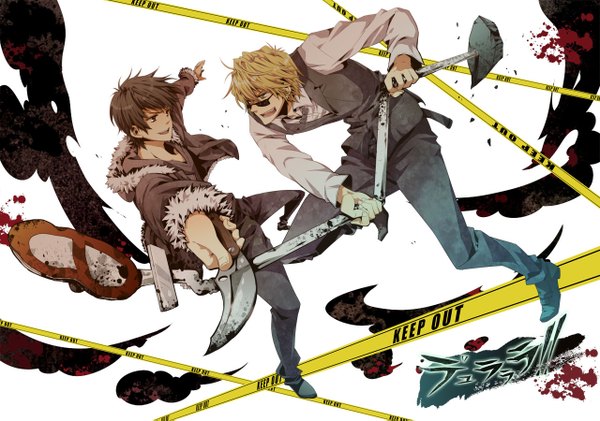 Anime picture 1280x899 with durarara!! brains base (studio) orihara izaya heiwajima shizuo iniown short hair black hair blonde hair red eyes yellow eyes boy weapon sunglasses