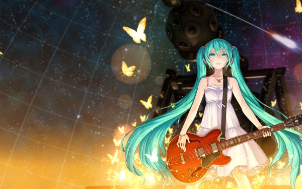 Anime picture 2400x1500 with vocaloid hatsune miku 2d (artist) single looking at viewer highres twintails bare shoulders very long hair aqua eyes aqua hair girl dress headphones pendant insect butterfly sundress guitar