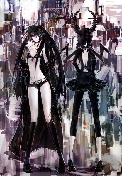 Anime picture 1067x1538 with black rock shooter black rock shooter (character) dead master igau long hair tall image blue eyes black hair twintails multiple girls horn (horns) from behind midriff legs back glowing scar glowing eye (eyes) girl skirt