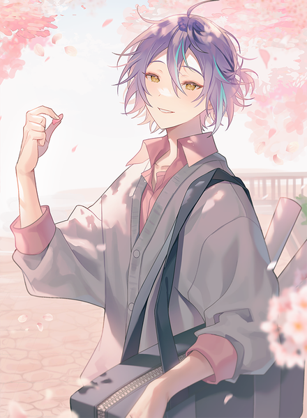 Anime picture 800x1090 with project sekai kamishiro rui sal single tall image fringe short hair smile hair between eyes holding purple hair outdoors multicolored hair wind streaked hair cherry blossoms spring boy petals bag