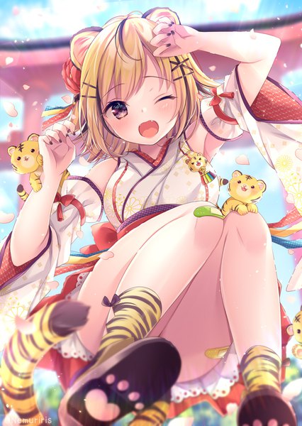 Anime picture 710x1000 with original nemuri nemu single tall image short hair open mouth light erotic blonde hair signed animal ears tail nail polish traditional clothes japanese clothes animal tail one eye closed multicolored hair black eyes streaked hair twitter username