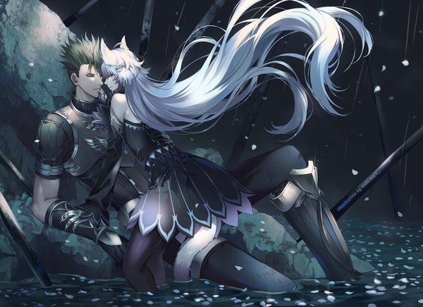 Anime picture 1300x945 with fate (series) fate/grand order atalanta (fate) atalanta (alter) (fate) achilles (fate) darkavey short hair signed animal ears silver hair tail very long hair animal tail green hair cat ears arm support cat tail partially submerged half updo reclining