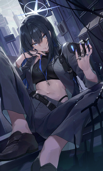 Anime picture 2600x4300 with blue archive saori (blue archive) netural single long hair tall image looking at viewer fringe highres blue eyes light erotic black hair hair between eyes sitting holding outdoors nail polish open jacket dutch angle spread legs