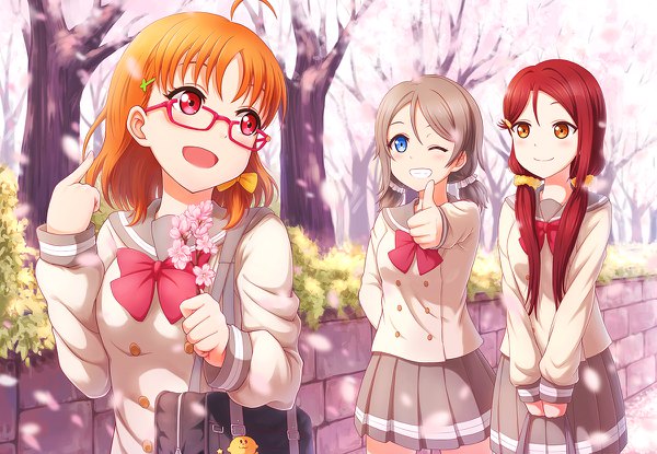 Anime picture 1200x830 with love live! sunshine!! sunrise (studio) love live! sakurauchi riko watanabe you takami chika zi long long hair blush fringe short hair open mouth blue eyes smile hair between eyes red eyes brown hair standing twintails multiple girls