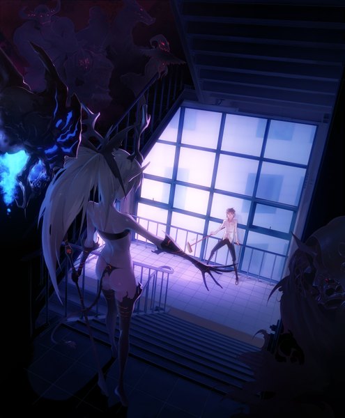 Anime picture 2796x3384 with original maxpower (artist) long hair tall image highres short hair light erotic bare shoulders white hair ponytail tail back demon tail scared girl boy gloves uniform hair ornament underwear