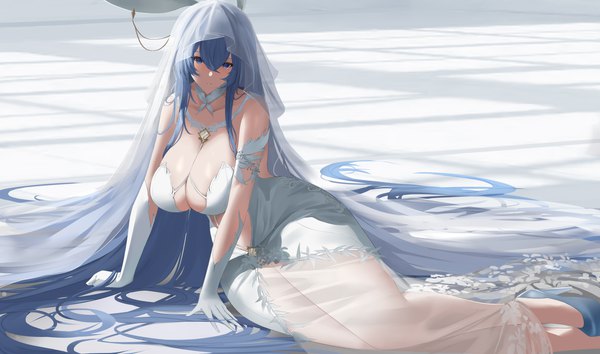Anime picture 7132x4202 with azur lane new jersey (azur lane) new jersey (snow-white ceremony) (azur lane) axicoi single looking at viewer fringe highres breasts blue eyes light erotic hair between eyes wide image sitting animal ears blue hair absurdres cleavage very long hair arm support