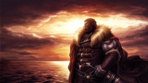 Anime picture 1920x1080 with fate (series) fate/stay night fate/zero studio deen type-moon rider (fate/zero) single highres short hair smile wide image sky orange hair boy weapon fur beard
