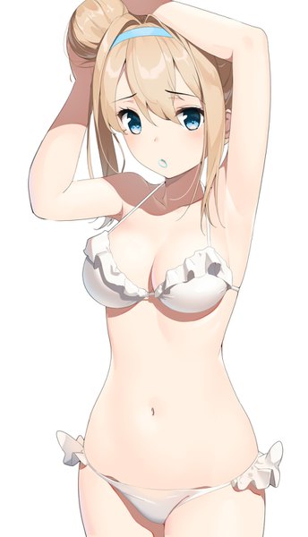 Anime picture 862x1501 with girls frontline suomi kp31 (girls frontline) gin00 single long hair tall image looking at viewer blush breasts blue eyes light erotic simple background blonde hair white background holding hair bun (hair buns) mouth hold adjusting hair girl swimsuit