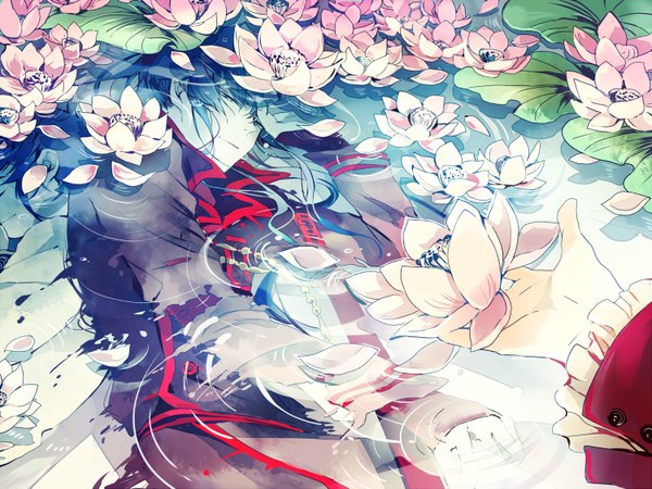 Anime-Bild 1500x1125 mit d.gray-man kanda yuu alma karma rain drops-ame long hair blue eyes holding blue hair ponytail outstretched arm underwater outstretched hand girl boy gloves flower (flowers) weapon sword water jacket