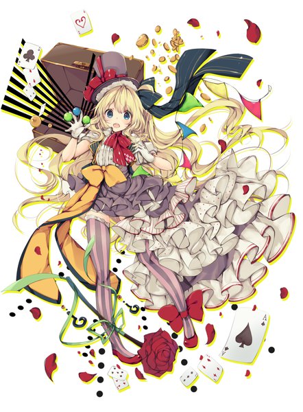Anime picture 842x1141 with original umino mizu single tall image looking at viewer blush open mouth blue eyes blonde hair white background full body very long hair girl thighhighs dress gloves flower (flowers) bow ribbon (ribbons) hat