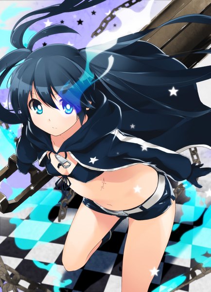 Anime picture 1453x2006 with black rock shooter black rock shooter (character) akagi asahito single long hair tall image looking at viewer blue eyes light erotic black hair twintails glowing glowing eye (eyes) checkered floor girl navel weapon shorts star (symbol) chain