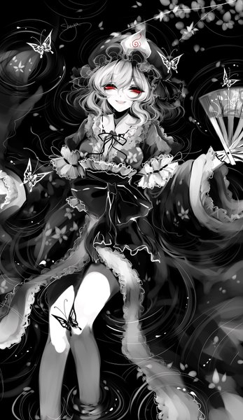 Anime-Bild 2200x3800 mit touhou saigyouji yuyuko sheya single tall image looking at viewer fringe highres smile hair between eyes red eyes signed traditional clothes parted lips japanese clothes monochrome ripples spot color ophelia's pose girl