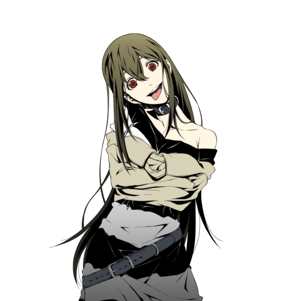 Anime picture 2000x2000 with durarara!! brains base (studio) haruna niekawa wankoro mochi single long hair looking at viewer fringe highres breasts open mouth smile brown hair large breasts standing bare shoulders brown eyes cleavage head tilt crossed arms