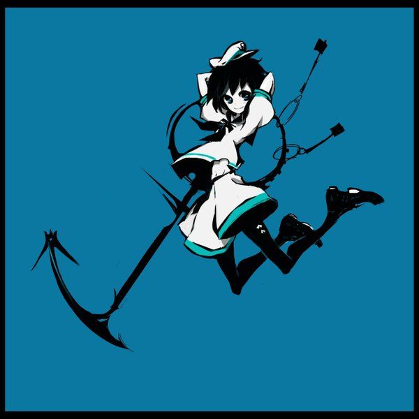 Anime picture 1379x1381 with touhou murasa minamitsu kiku (kicdoc) single tall image looking at viewer short hair black hair smile aqua eyes blue background jumping white skin girl navel hat pantyhose shoes shorts sailor suit