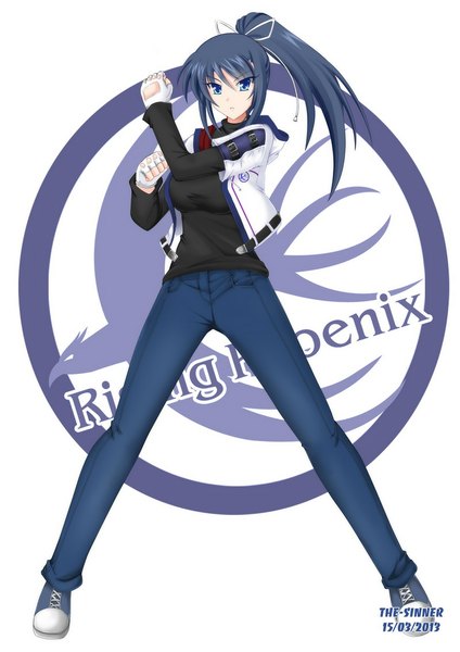 Anime picture 800x1132 with original sora (original) the-sinner single long hair tall image looking at viewer blue eyes simple background white background blue hair ponytail girl gloves shoes jeans blue jeans