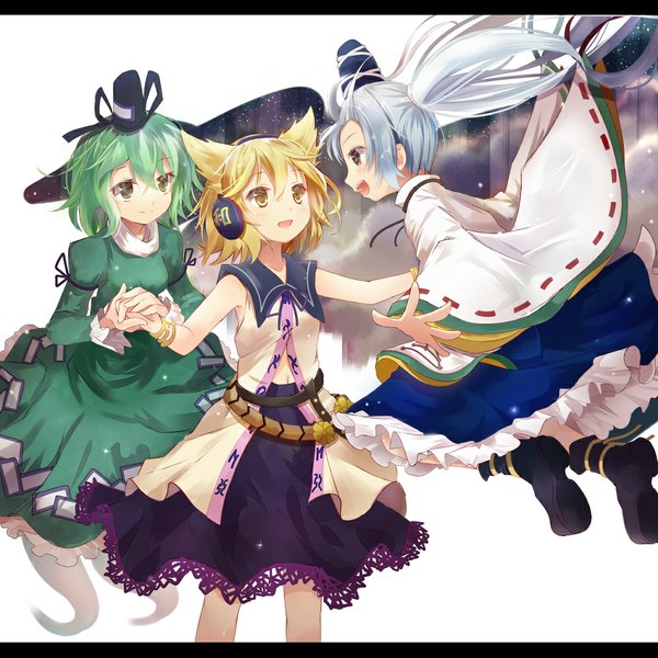 Anime picture 1000x1000 with touhou toyosatomimi no miko mononobe no futo soga no tojiko efe long hair blush short hair open mouth blonde hair smile multiple girls brown eyes green eyes yellow eyes silver hair ponytail japanese clothes profile green hair