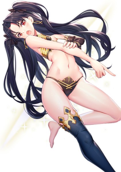 Anime-Bild 843x1200 mit fate (series) fate/grand order ishtar (fate) ririko (zhuoyandesailaer) single long hair tall image looking at viewer blush fringe breasts open mouth light erotic black hair simple background hair between eyes red eyes white background bare shoulders long sleeves