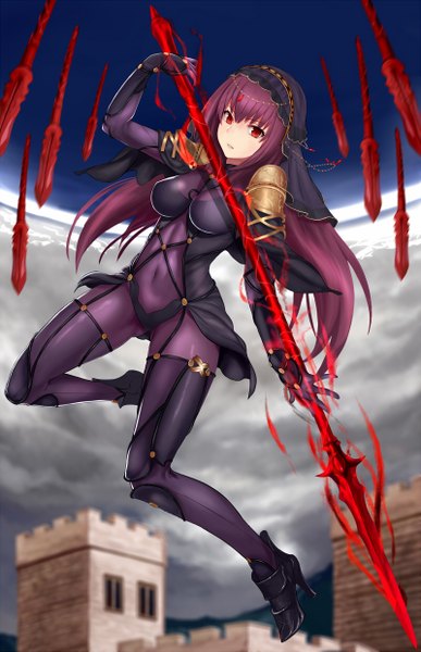 イラスト 800x1241 と Fateシリーズ fate/grand order type-moon scathach (fate) (all) スカサハ(fate) jilllxlxl ソロ 長髪 長身像 カメラ目線 おっぱい light erotic 赤い目 purple hair 女の子 武器 ボディースーツ 槍