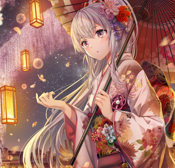 Anime picture 1000x960 with original torino aqua single long hair blush fringe open mouth hair between eyes standing purple eyes holding payot looking away silver hair upper body outdoors ponytail traditional clothes japanese clothes hair flower