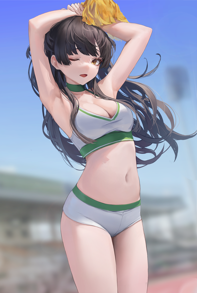 Anime picture 1200x1780 with idolmaster idolmaster shiny colors mayuzumi fuyuko leviathan (hikinito0902) single long hair tall image looking at viewer fringe breasts open mouth light erotic black hair smile standing yellow eyes payot outdoors blunt bangs one eye closed