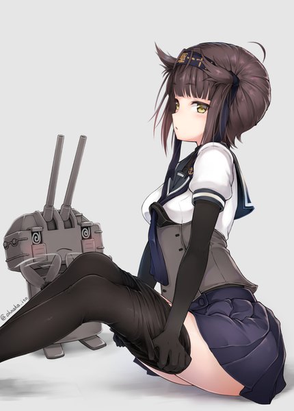 Anime picture 716x1000 with kantai collection hatsuzuki destroyer chou-10cm-hou-chan oonaka ito single tall image looking at viewer blush fringe short hair breasts light erotic simple background brown hair sitting signed yellow eyes payot ahoge blunt bangs