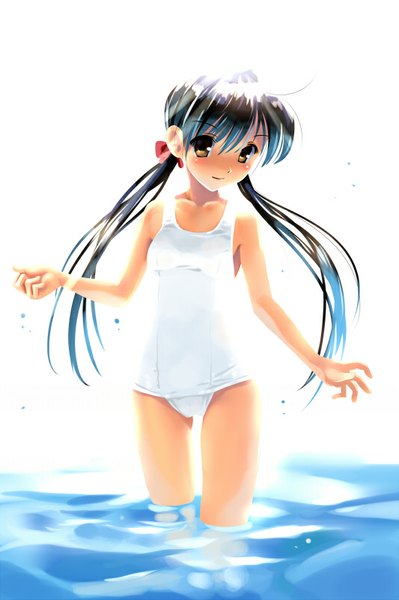 Anime picture 533x800 with original katahira masashi single long hair tall image looking at viewer blush light erotic black hair twintails brown eyes backlighting girl bow swimsuit hair bow water white swimsuit