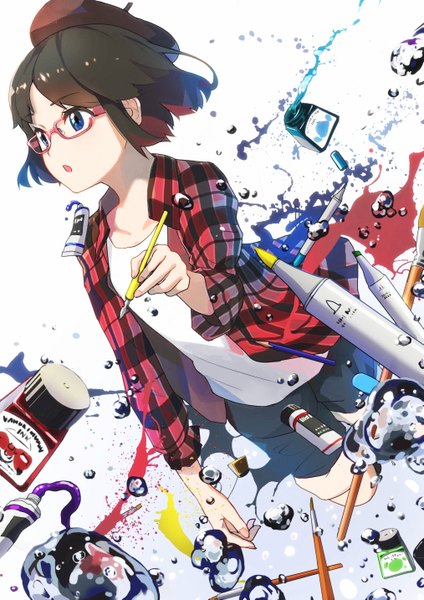 Anime picture 2026x2865 with original tsukun112 single tall image fringe highres short hair open mouth blue eyes black hair holding bent knee (knees) red hair multicolored hair open clothes two-tone hair open shirt plaid girl shirt