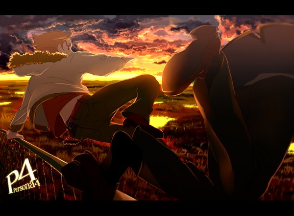Anime picture 1500x1105 with persona 4 persona seta souji hanamura yousuke koredemoka blonde hair brown eyes sky cloud (clouds) evening sunset letterboxed jumping falling boy jacket pants fence