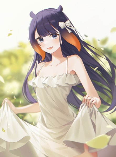 Anime picture 1250x1700 with virtual youtuber hololive hololive english ninomae ina'nis h4m (nacho0101) single long hair tall image looking at viewer fringe open mouth blue eyes black hair animal ears outdoors blunt bangs :d wind blurry sleeveless