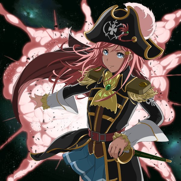 Аниме картинка 1255x1255 с лихие космические пираты katou marika один (одна) длинные волосы голубые глаза розовые волосы взрыв девушка оружие шляпа меч костюм