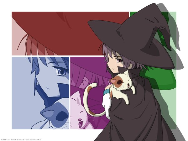 Anime picture 1600x1200 with suzumiya haruhi no yuutsu kyoto animation nagato yuki shamisen (suzumiya haruhi) witch girl cat