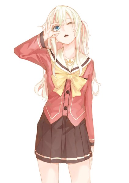 Anime picture 1000x1421 with charlotte p.a. works tomori nao la-na single long hair tall image looking at viewer fringe open mouth blue eyes simple background blonde hair standing white background pleated skirt one eye closed two side up girl skirt