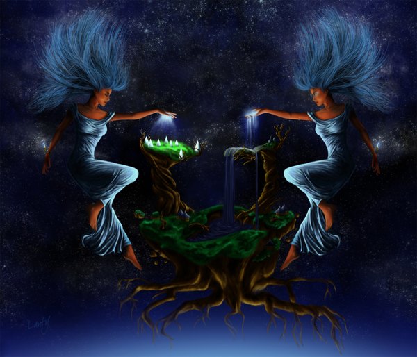 Аниме картинка 2000x1714 с оригинальное изображение lanty-ka длинные волосы высокое разрешение голубые глаза несколько девушек синие волосы закрытые глаза реалистичный свет фэнтези водопад озеро девушка платье 2 девушки вода звезда (звёзды)