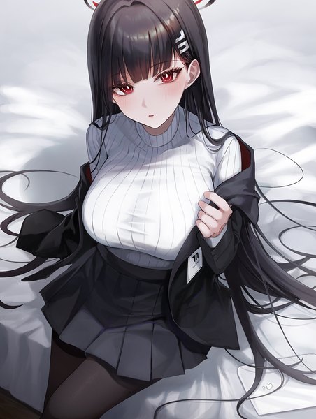 Anime picture 1100x1459 with blue archive rio (blue archive) heeri single long hair tall image looking at viewer blush fringe breasts open mouth light erotic black hair red eyes large breasts sitting blunt bangs long sleeves head tilt pleated skirt