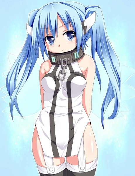 Anime picture 2000x2600 with sora no otoshimono nymph (sora no otoshimono) nanase nanami (artist) single long hair tall image highres blue eyes light erotic twintails blue hair loli girl wings collar