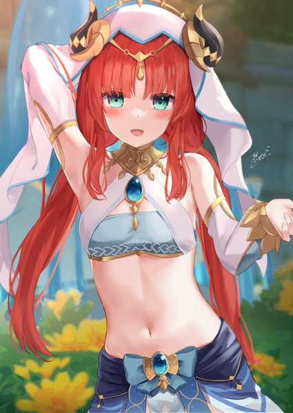 Anime picture 1133x1600 with genshin impact nilou (genshin impact) aokabi (aokabic) single long hair tall image looking at viewer blush fringe breasts open mouth light erotic smile standing twintails signed red hair blunt bangs long sleeves :d