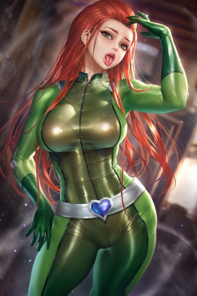 Anime picture 2400x3597 with totally spies sam (totally spies) nudtawut thongmai single long hair tall image looking at viewer highres breasts open mouth light erotic large breasts standing green eyes red hair arm up realistic skin tight girl gloves