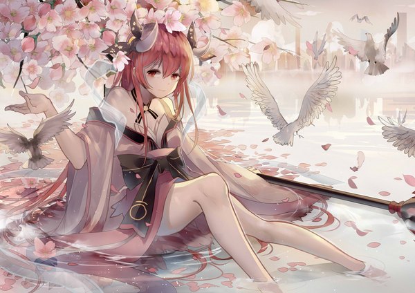Anime picture 1800x1272 with date a live itsuka kotori tadatsu single looking at viewer fringe highres smile hair between eyes red eyes bare shoulders bent knee (knees) red hair very long hair arm up horn (horns) wide sleeves shadow partially submerged sleeves past wrists