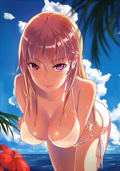 Anime picture 631x900 with original phantania single long hair tall image looking at viewer blush fringe breasts light erotic smile large breasts bare shoulders pink hair sky cloud (clouds) pink eyes sunlight mole bare belly