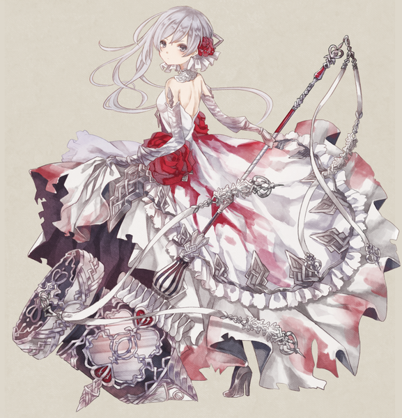 Anime picture 1050x1091 with sinoalice snow white (sinoalice) oro ponzu single long hair tall image looking at viewer fringe simple background standing holding silver hair full body looking back grey eyes high heels halterneck asymmetrical hair girl dress