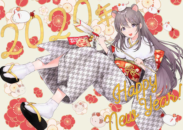 Anime picture 2039x1447 with original usagiplanet7 single long hair looking at viewer fringe highres open mouth smile hair between eyes animal ears traditional clothes japanese clothes grey hair grey eyes new year happy new year 2020 animal on head mouse ears