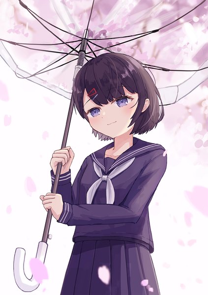 Anime picture 1000x1417 with original enokitake single tall image looking at viewer blush fringe short hair blue eyes black hair smile standing holding blunt bangs long sleeves pleated skirt cherry blossoms bob cut transparent umbrella girl