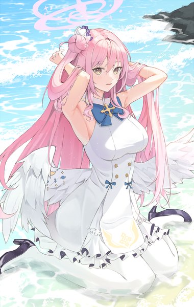 Anime picture 2000x3157 with blue archive mika (blue archive) nacho (nacho 1103) single long hair tall image looking at viewer fringe highres hair between eyes sitting yellow eyes pink hair outdoors armpit (armpits) hair bun (hair buns) partially submerged adjusting hair wariza white wings